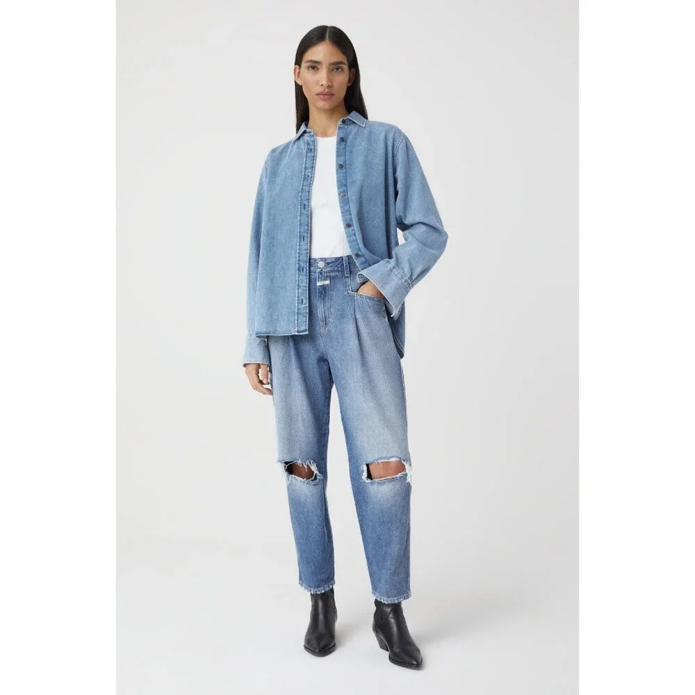 🆕 CLOSED Pearl High Rise Distressed Tapered Denim Jeans Blue 31 - Picture 5 of 16